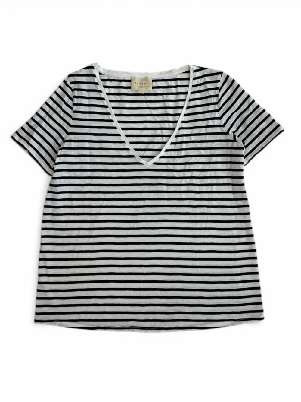 Sezane Black and White Striped V-Neck Tee